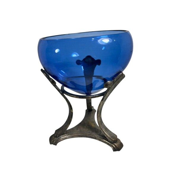 VTG Cobalt Blue Glass Pedestal Compote Apothecary Jar Hand Blown Silver Overlay - Picture 5 of 16